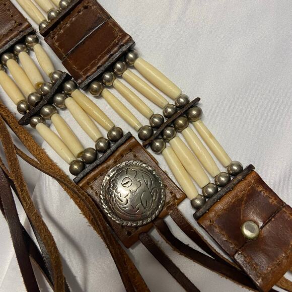 Western Belt Hairpipe Beaded Leather Tie Belt Native American Leather Concho 70\' main image 7